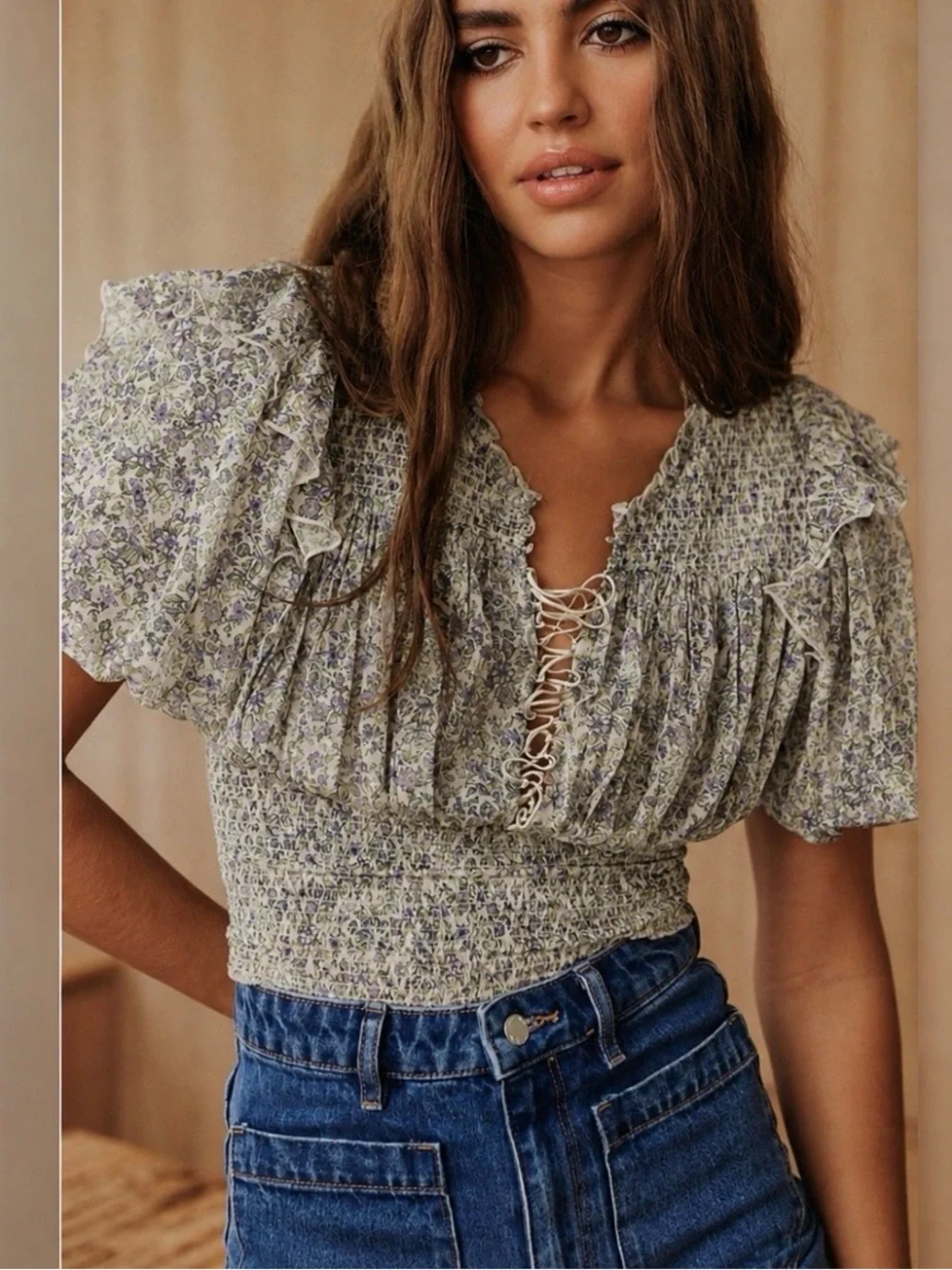Free People Beatrice Floral Smocked Peasant Corset Blouse Top Green Puff Sleeve